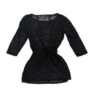 Black Lace Bikini Cover Up Sheer Tie Waist Swim Top Medium Whimsigoth Vacation